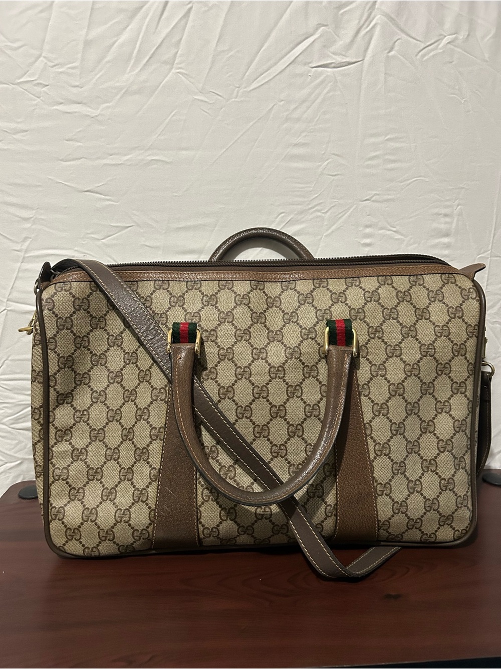 Gucci Beige GG Supreme Travel bag with Brown Leather Trim& strap